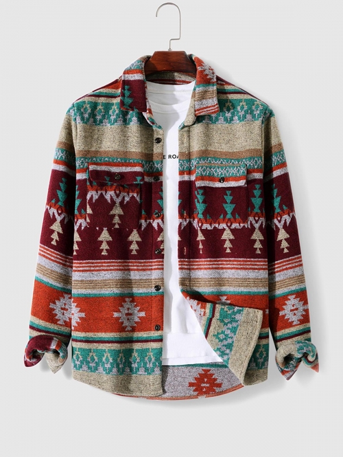 ZAFUL Men's Tribal Geometric Ethnic Aztec Printed Blend Wool Shirt Jacket L Deep red