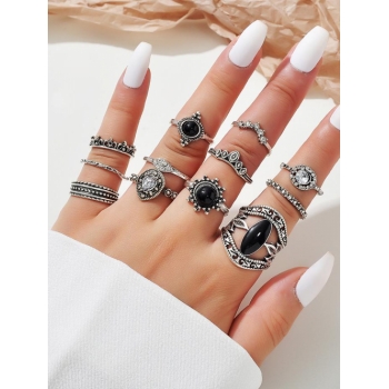 12 Pcs Faux Gem Rhinstone Crown Shape Rings Set