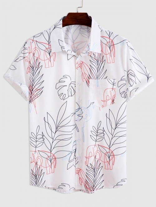 ZAFUL Men's Elephant Tropical Leaves Print Pocket Shirt Xl White