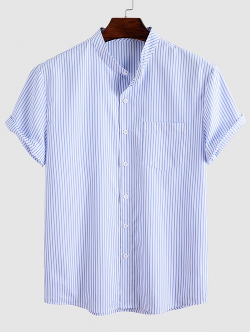 ZAFUL Men's Short Sleeve Vertical Stripe Pocket Office Shirt Xl Light blue