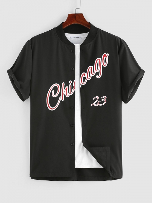 ZAFUL Men's Chicago Graphic Short Sleeve Baseball Shirt M Black