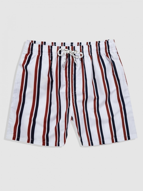 ZAFUL Men's Drawstring Pockets Vertical Mixed Stripes Beach Shorts L Silk white