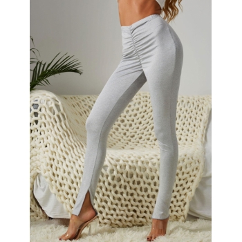 Women Sports Heathered Slit Cuff Ruched Leggings L Light gray