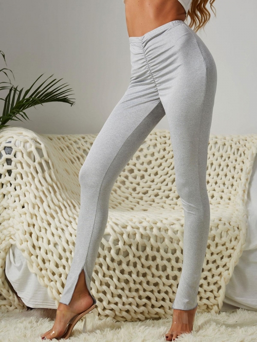 Women Sports Heathered Slit Cuff Ruched Leggings L Light gray