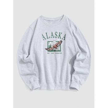 ZAFUL Men's Blokecore Streetwear ALASKA Eagle Graphic Print Pullover Vintage Sweatshirt L Light gray