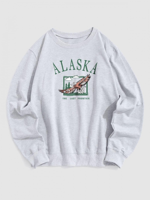 ZAFUL Men's Blokecore Streetwear ALASKA Eagle Graphic Print Pullover Vintage Sweatshirt S Light gray