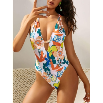 ZAFUL Flower Print Cross-back Tie One-piece Swimsuit M