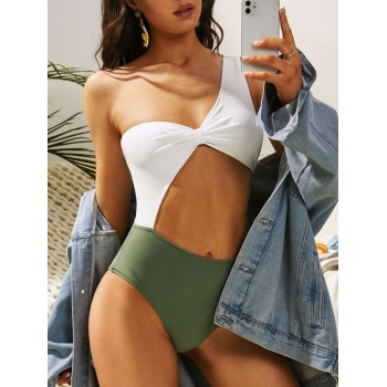 ZAFUL Colorblock Cutout One Shoulder Knotted One-piece Swimsuit L Light green