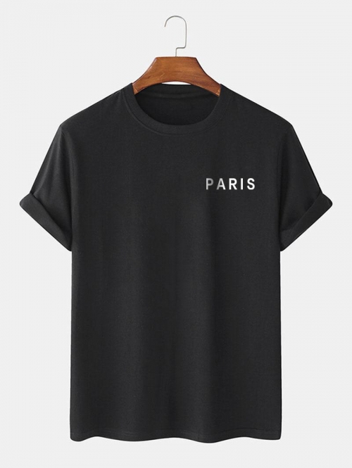 Paris Letter Printed Short Sleeves T-shirt Xl Black