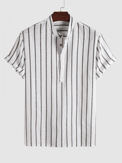 ZAFUL Men's Half Buttoned Casual Vertical Striped Office Pullover Shirt M White