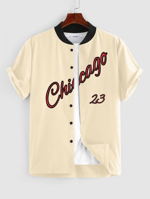 ZAFUL Men's Chicago Graphic Short Sleeve Baseball Shirt L Light coffee