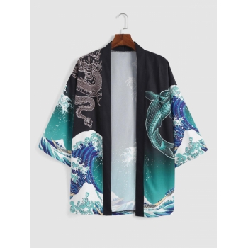 ZAFUL Men's Oriental Fish Dragon Kimono Cardigan Xs Black