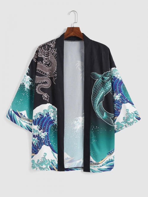 ZAFUL Men's Oriental Fish Dragon Kimono Cardigan Xs Black