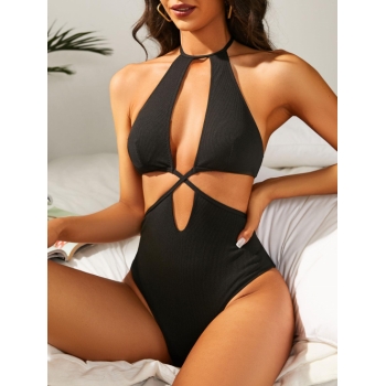 ZAFUL Cut Out Ribbed Halter One-piece Swimsuit L Black