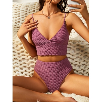 Fashion Women Tankinis ZAFUL High Waisted Honeycomb Textured Solid Tankini Swimwear L Light pink