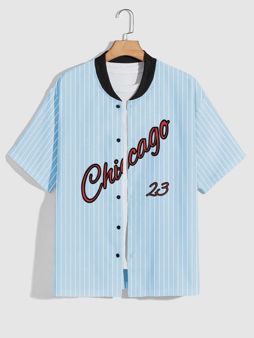 ZAFUL Men's Chicago Graphic Short Sleeve Baseball Shirt L Light blue