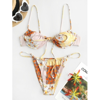 ZAFUL Ribbed Underwire Bohemian Printed Bikini Swimwear S Orange