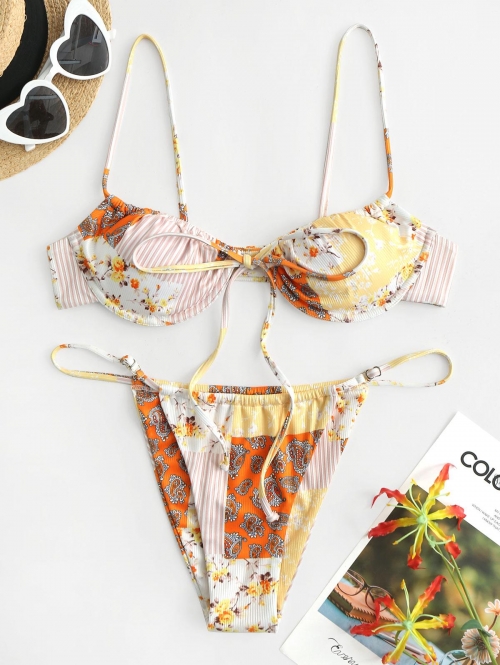 ZAFUL Ribbed Underwire Bohemian Printed Bikini Swimwear S Orange