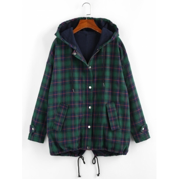 ZAFUL Drawstring Hooded Plaid Fleece Lined Jacket M