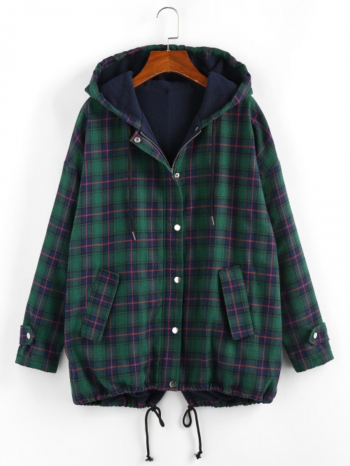 ZAFUL Drawstring Hooded Plaid Fleece Lined Jacket M