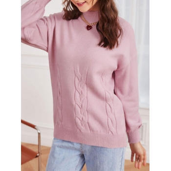 Women High Neck Cable Knit Drop Shoulder Solid Sweater Light pink