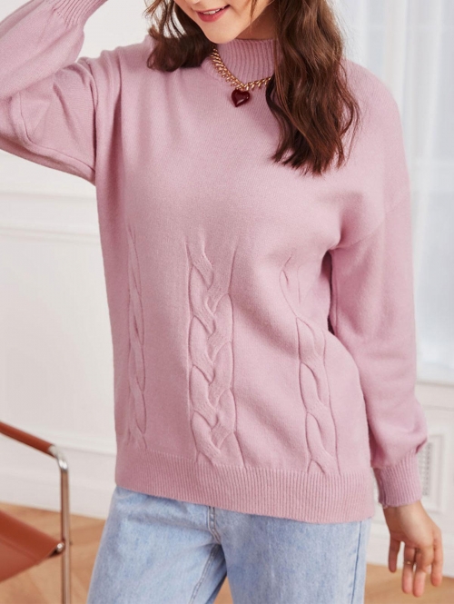 Women High Neck Cable Knit Drop Shoulder Solid Sweater Light pink