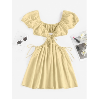 Casual ZAFUL Cutout Tie Puff Sleeve Plunge Dress M Light yellow