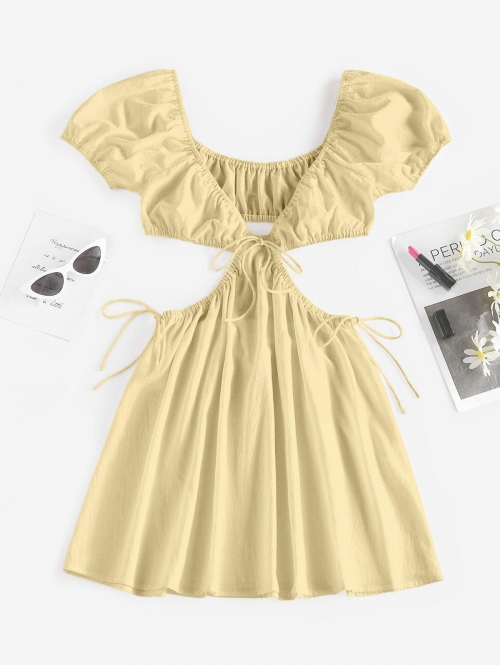 Casual ZAFUL Cutout Tie Puff Sleeve Plunge Dress M Light yellow