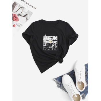 Fashion Women Tees Crew Neck Desert Cactus Graphic Tee L Black