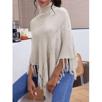 Women Fringed Asymmetrical Turtleneck Poncho Sweater Light coffee