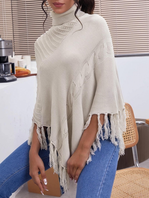 Women Fringed Asymmetrical Turtleneck Poncho Sweater Light coffee