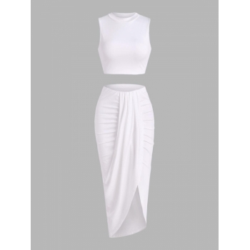 Two-piece Top and Skirt Set Marled High Stretch Sleeveless Crop Top and Asymmetrical High Waist Draped Ruched Slit Daily Wedding Guest Slim Maxi Dress