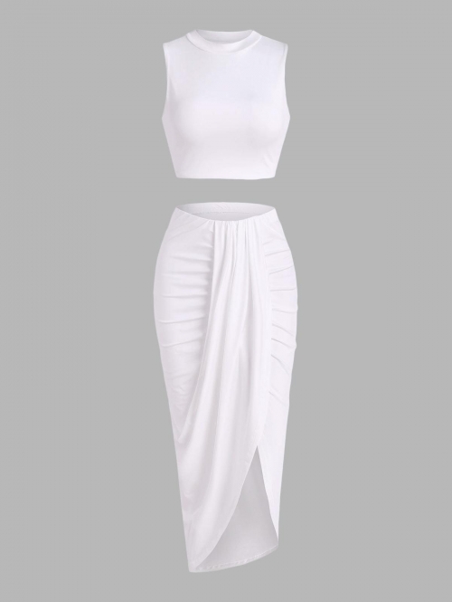 Two-piece Top and Skirt Set Marled High Stretch Sleeveless Crop Top and Asymmetrical High Waist Draped Ruched Slit Daily Wedding Guest Slim Maxi Dress