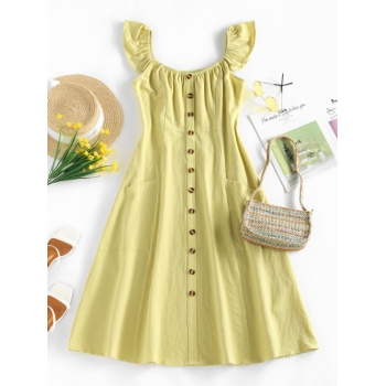 Mini Dress ZAFUL Ruffle Button Front Pocket Midi Dress S Light yellow