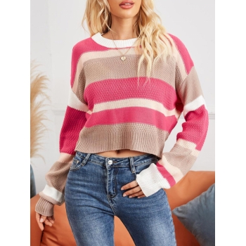 Women Striped Drop Shoulder Textured Sweater M Light pink