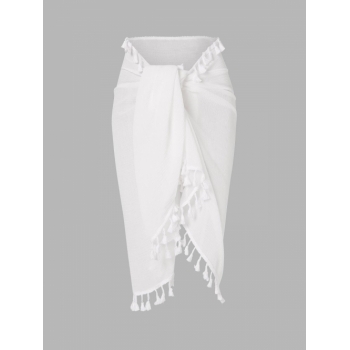 Tie Waist Semi Sheer Tassel Skirt White