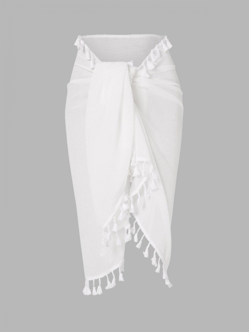 Tie Waist Semi Sheer Tassel Skirt White