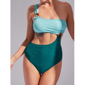 ZAFUL One Shoulder Rings Cutout Two Tone Ribbed One-piece Swimsuit L Green