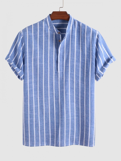 ZAFUL Men's Half Buttoned Casual Vertical Striped Office Pullover Shirt L Blue