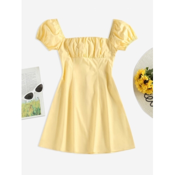 Casual Puff Sleeve Cutout Bowknot Mini Dress L Light yellow