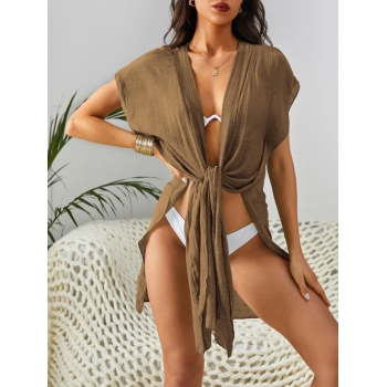 Women Beach High Slit Flowy Semi Sheer Beach Cover Up Light coffee