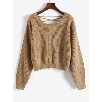 Women Lace Up Cable Knit Drop Shoulder Sweater S Coffee