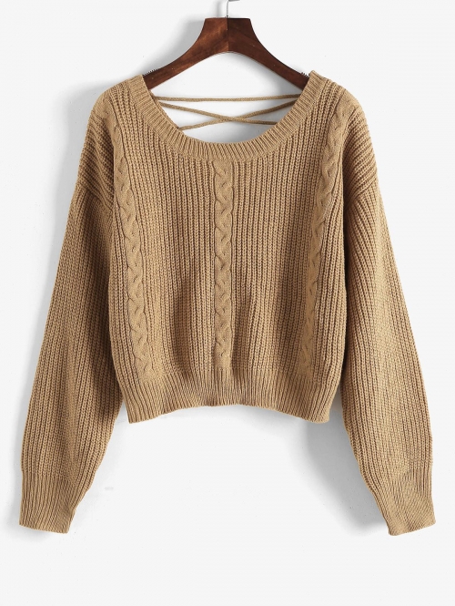 Women Lace Up Cable Knit Drop Shoulder Sweater S Coffee