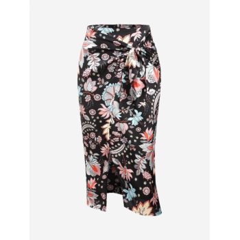 ZAFUL Tied Slit Flower Print Midi Skirt L Black