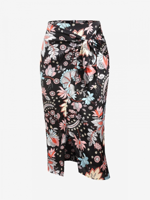 ZAFUL Tied Slit Flower Print Midi Skirt L Black