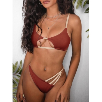 ZAFUL Ribbed Contrast Strap Cut Out Thong Bikini Swimwear L Deep coffee