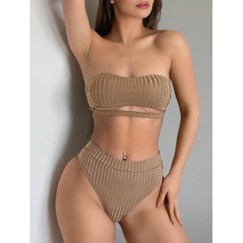 ZAFUL Ribbed High Leg Cutout Tube Bikini Swimwear S Deep coffee