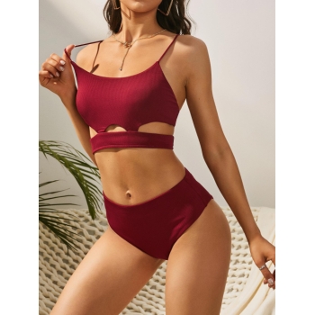 Fashion Women Tankinis ZAFUL Cut Out Ribbed High Waisted Tankini Swimwear Xxl Deep red