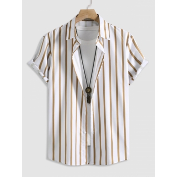 ZAFUL Men's Men's Button Up Vertical Striped Short Sleeve Casual Summer Beach Shirt L Light yellow