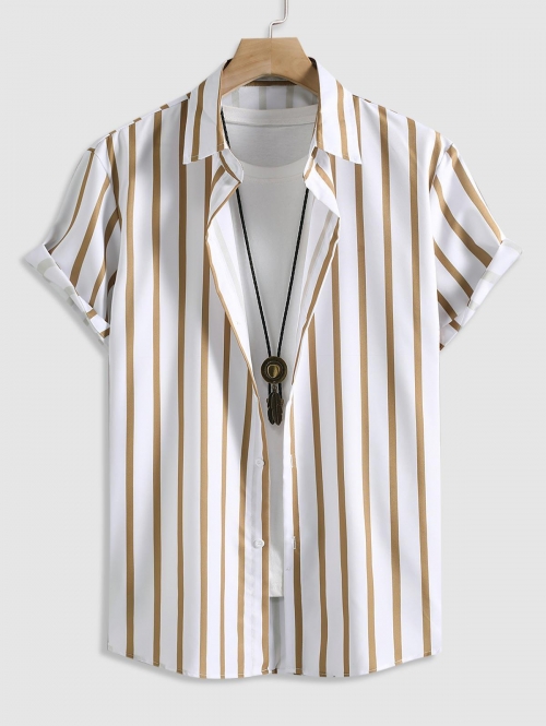 ZAFUL Men's Men's Button Up Vertical Striped Short Sleeve Casual Summer Beach Shirt L Light yellow